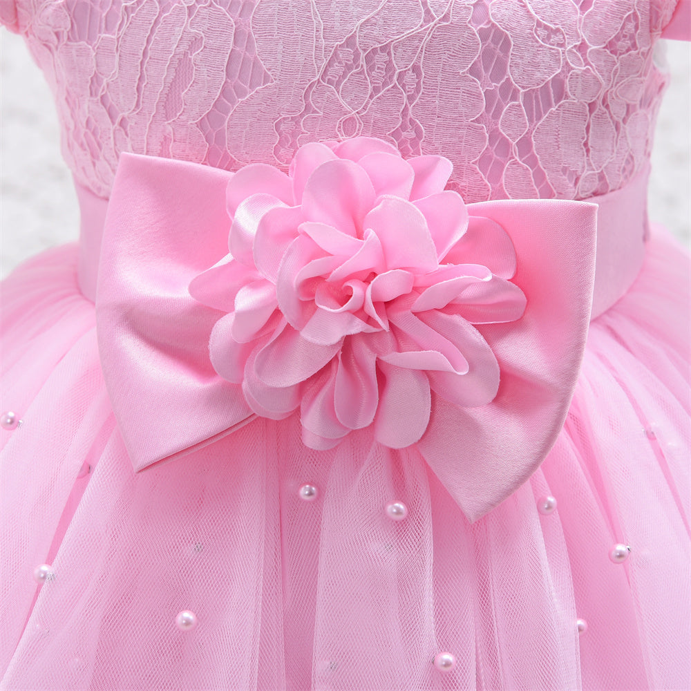 Little Girls Tulle Dress With Pearls - Pink