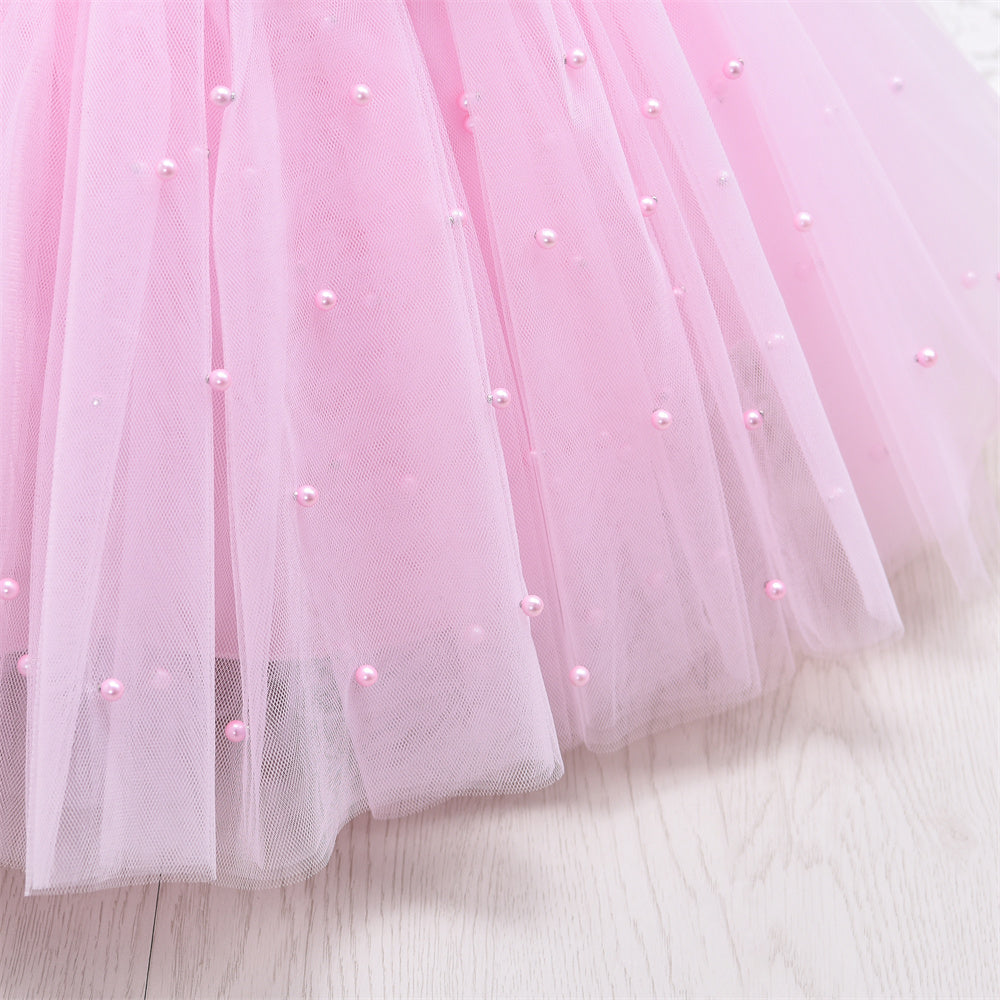 Little Girls Tulle Dress With Pearls - Pink