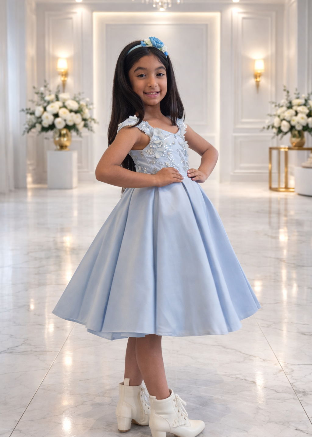 Little Girl Dress Beaded Bodice - Blue