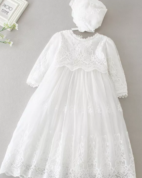 Full Sleeve Christening Gown With Bonnet