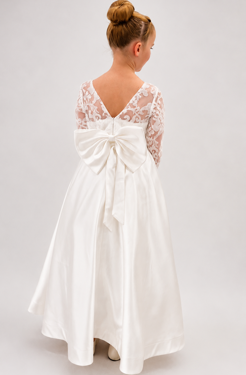 Long Sleeve Holy Communion Dress - Lace Satin Dress