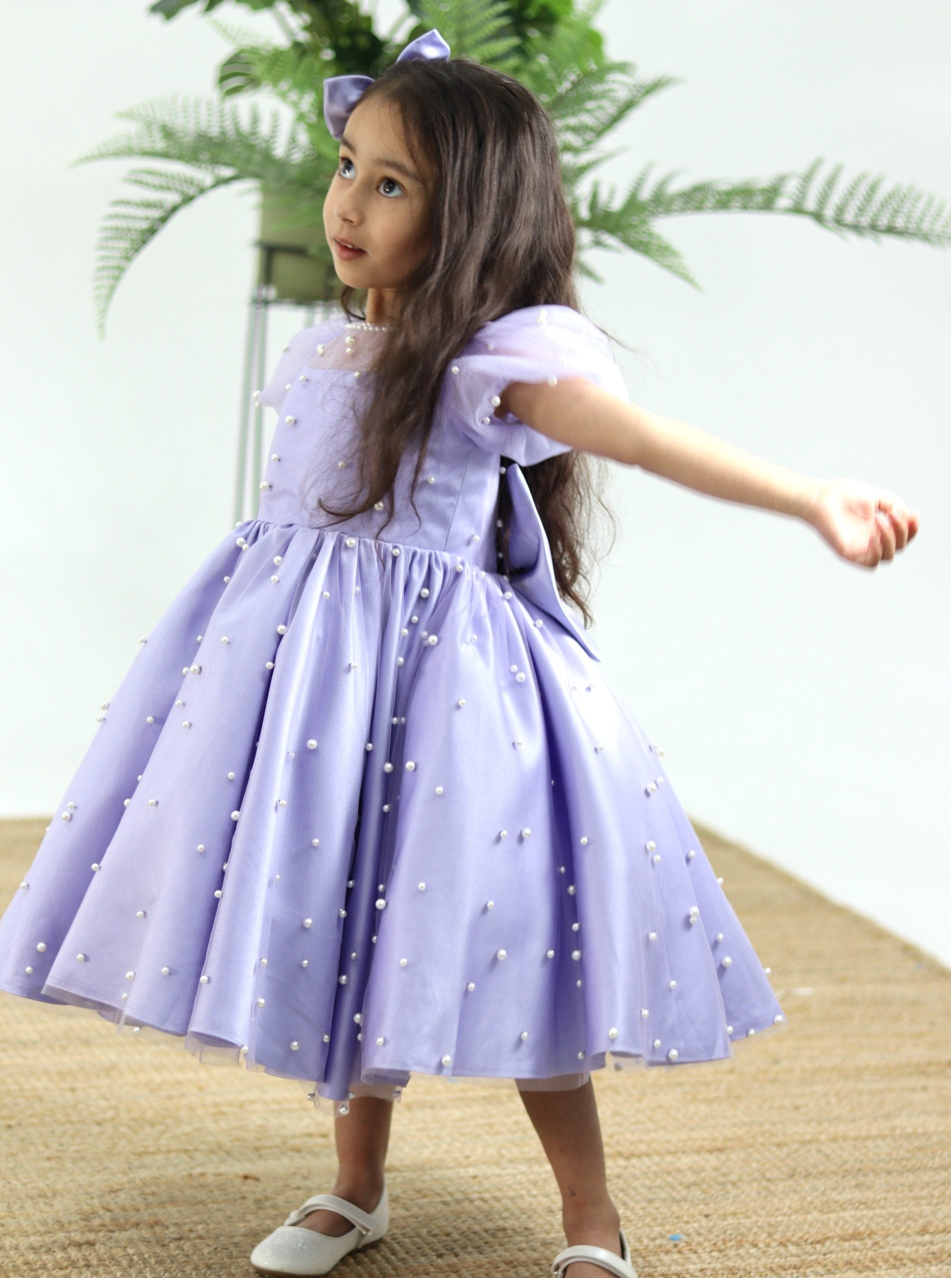 Lilac Puffy Sleeves Pearly Dress