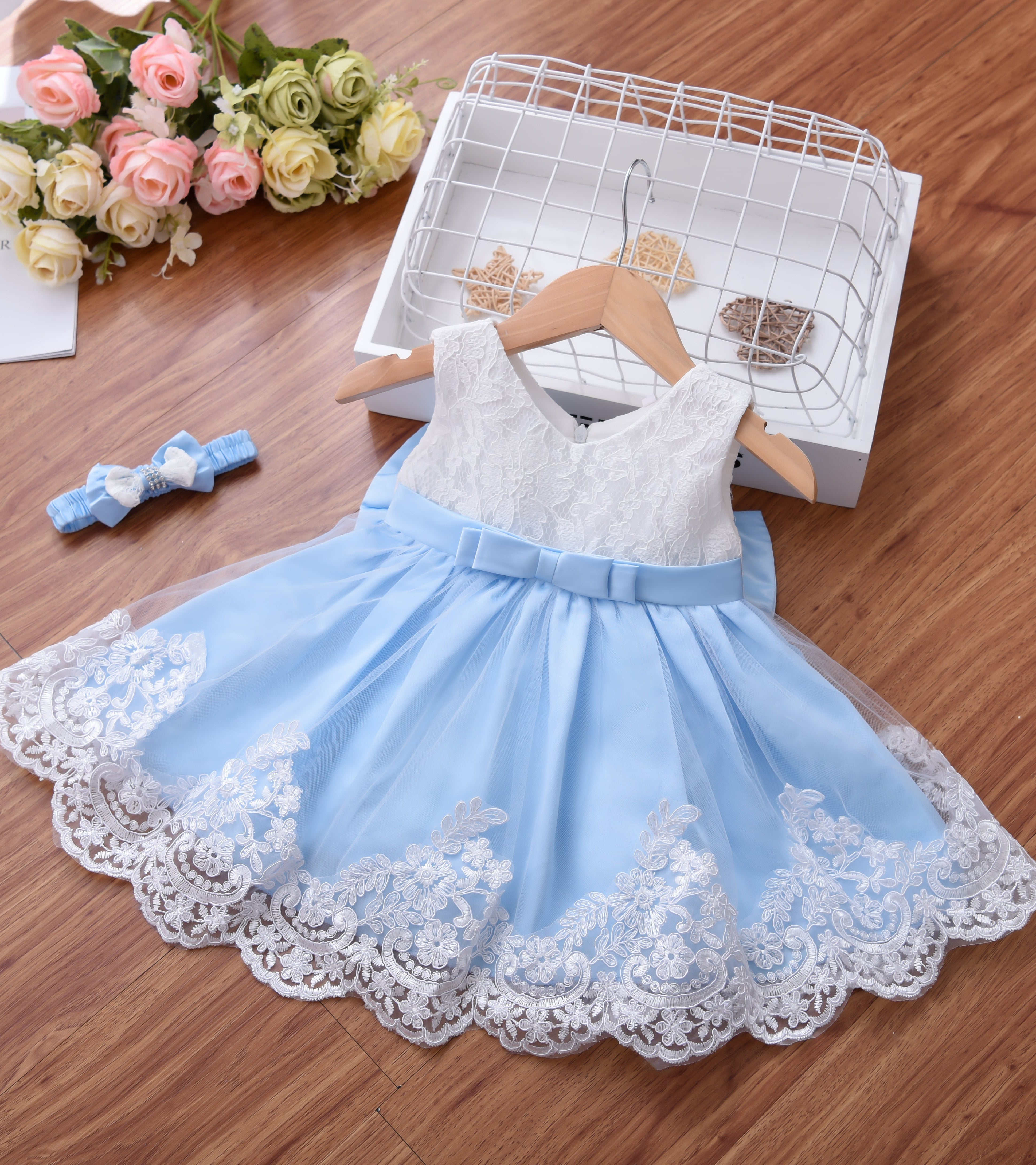 Baby Girl Lace Dress With Headpiece - Blue Dress
