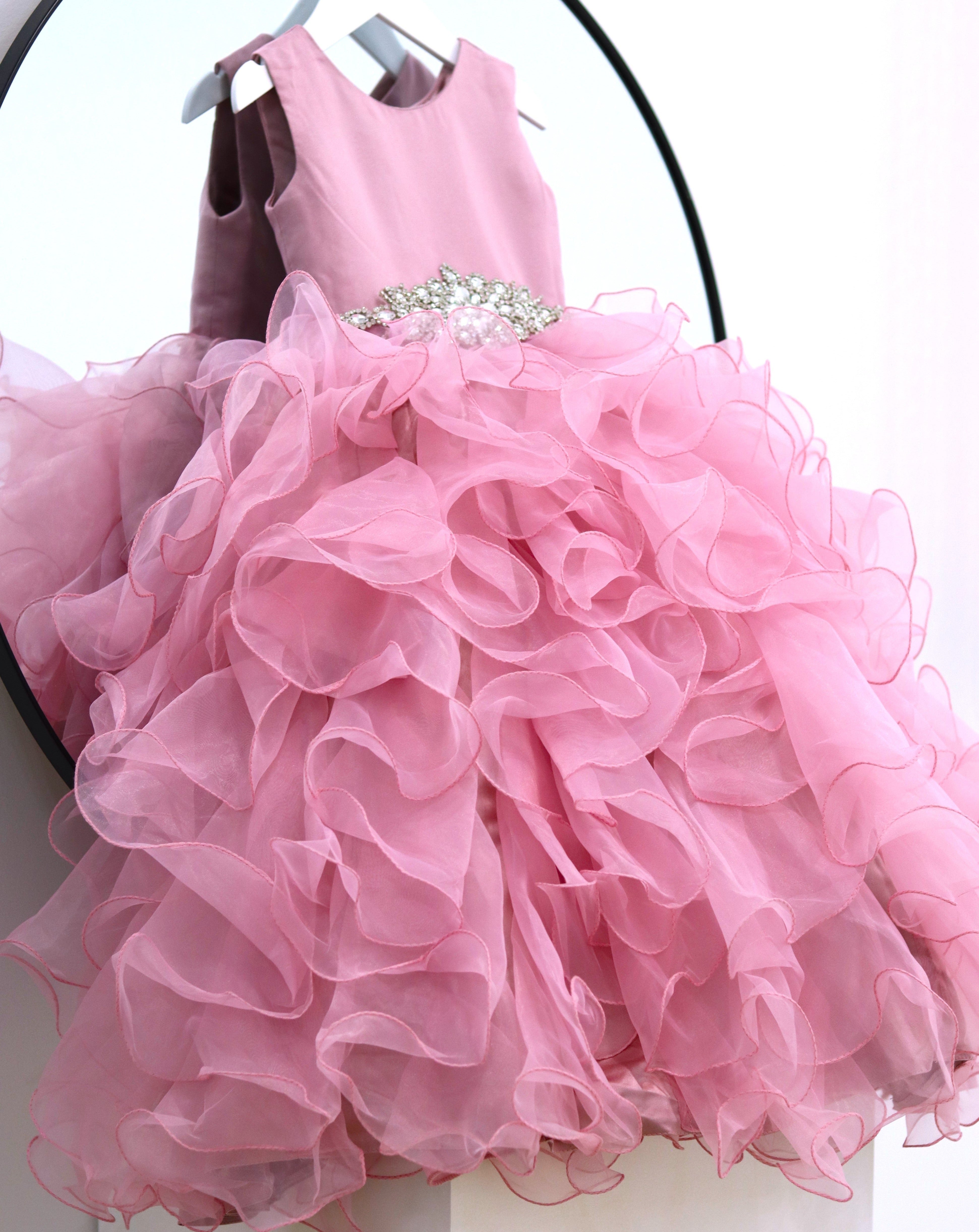 Mauve Satin Ruffle Organza Skirt Dress