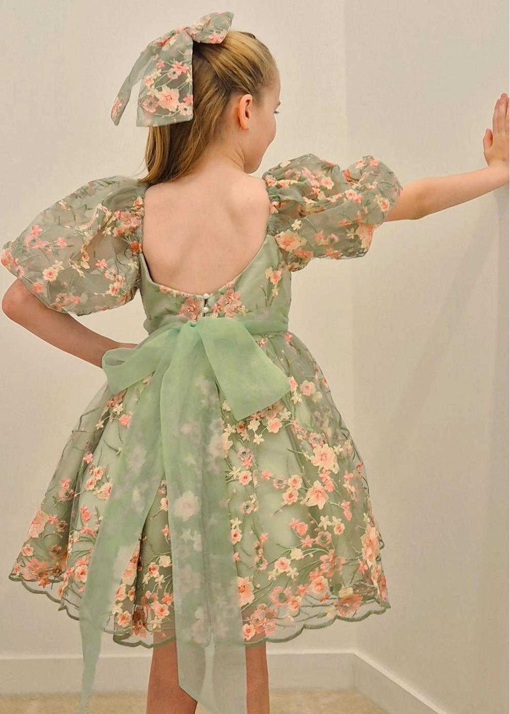 Mint Green Floral Lace Dress for Girls