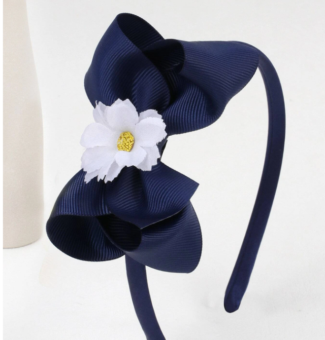 Navy Large Bow With Flower Headband