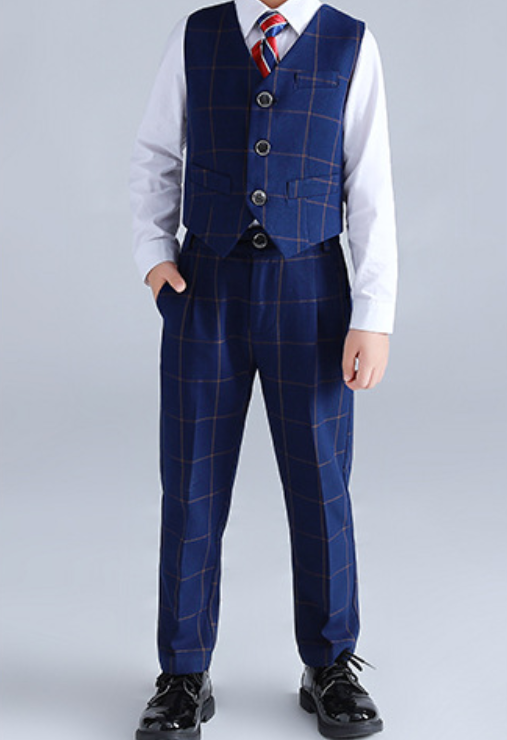 Boys Formal Navy Tweed Check Vest Suit 4pc Set