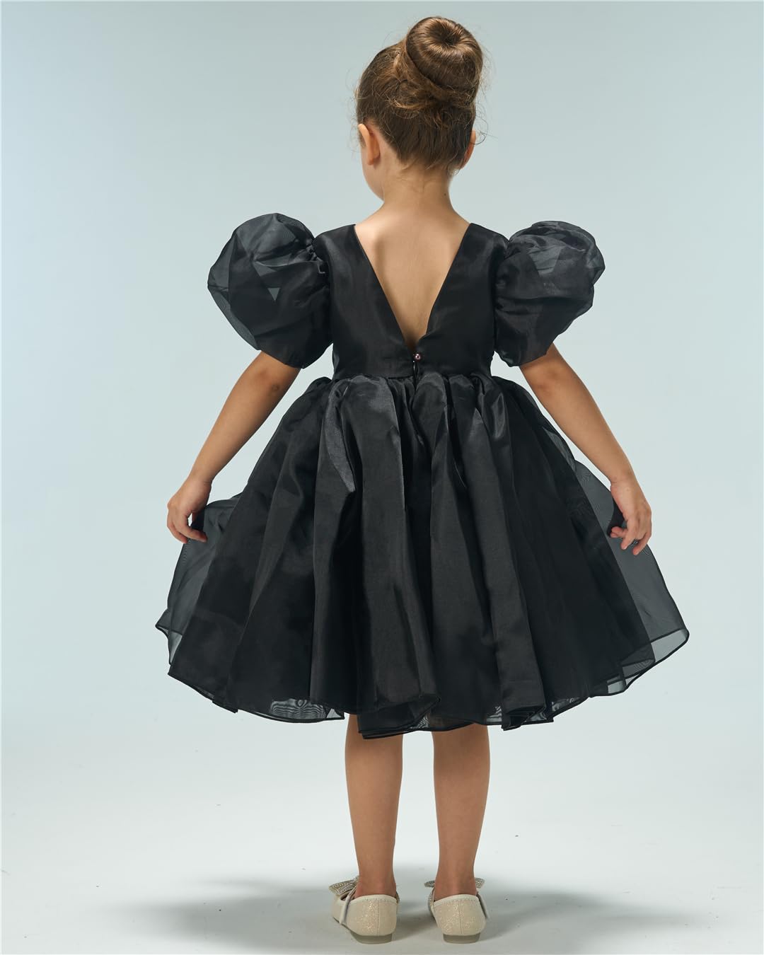 Girls Black Dress - Puffy Sleeve Premium Organza Dress