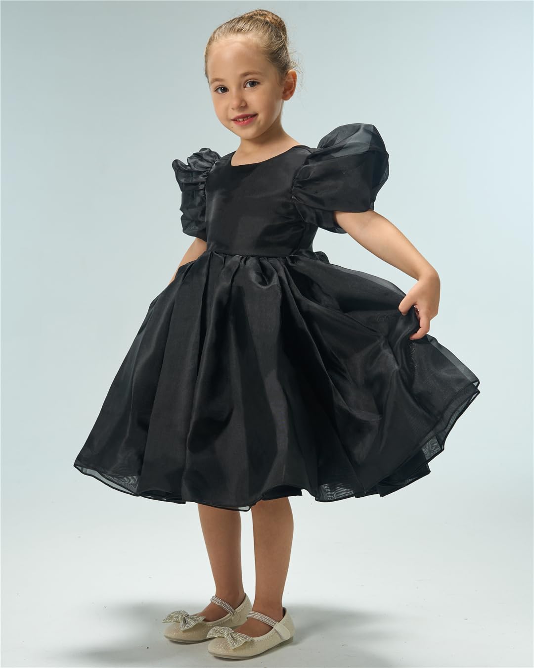 Girls Black Dress - Puffy Sleeve Premium Organza Dress