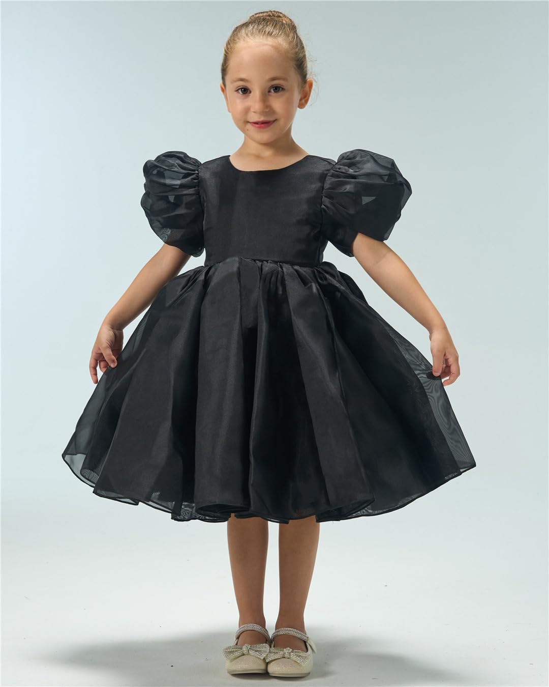 Girls Black Dress - Puffy Sleeve Premium Organza Dress