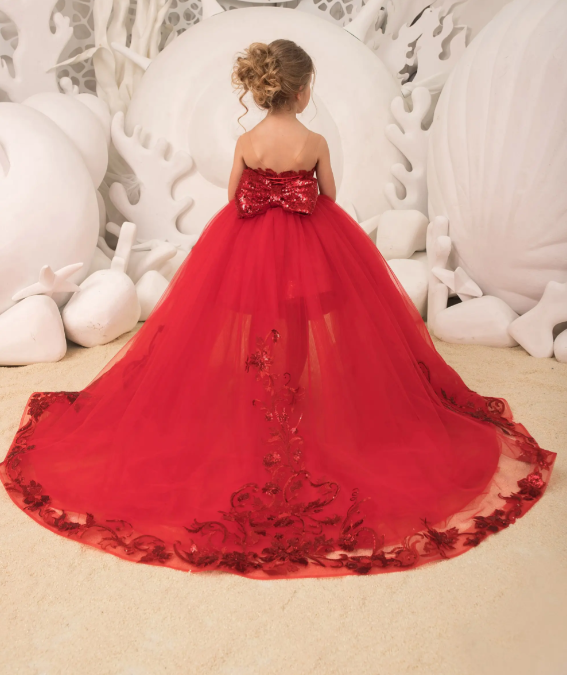  Red Sequin Hi-Low Lace Tulle Detachable Train
