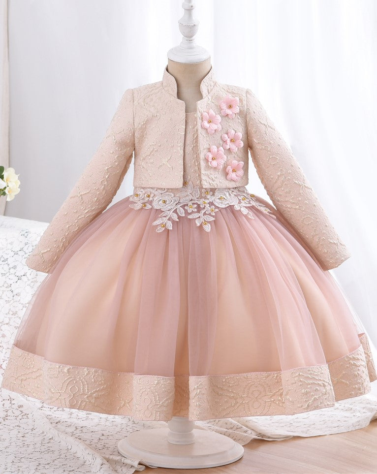 Girls Peach Dress With Jacket and Bag