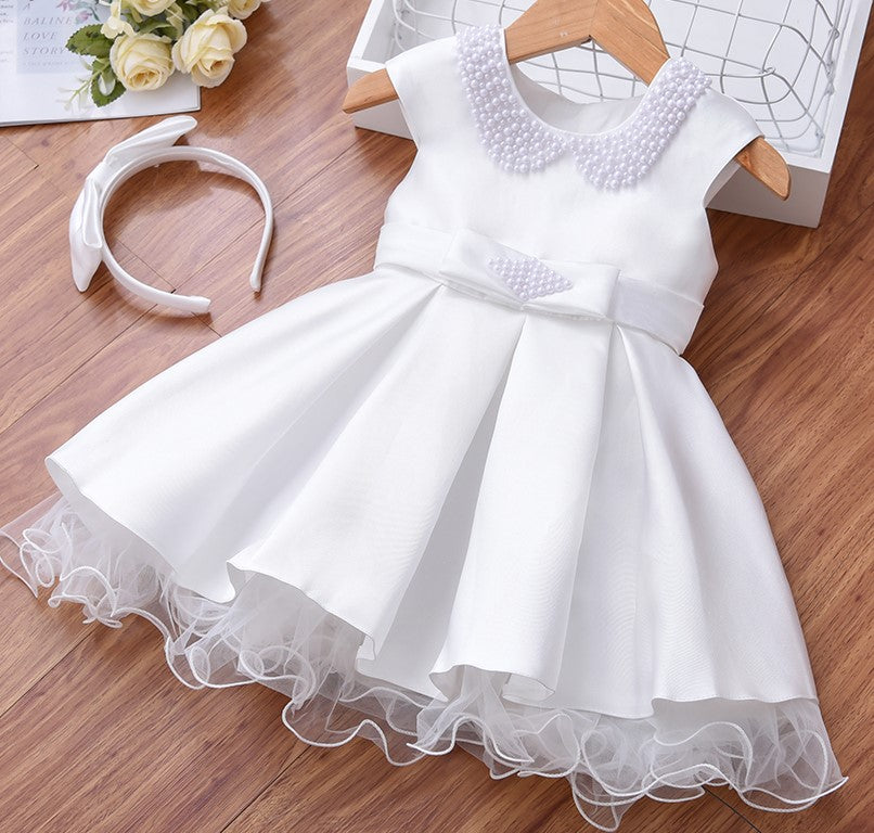 Baby Girl Christening Dress With Headband - Pearled Neck