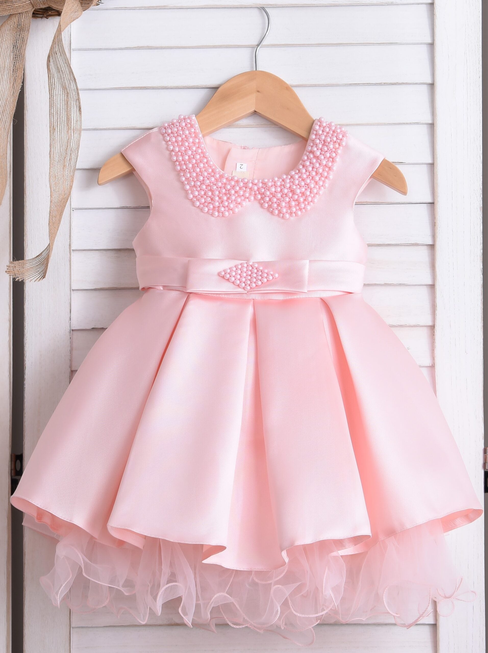 Little Girls Pink Dress With Head Band - Pearled Neck