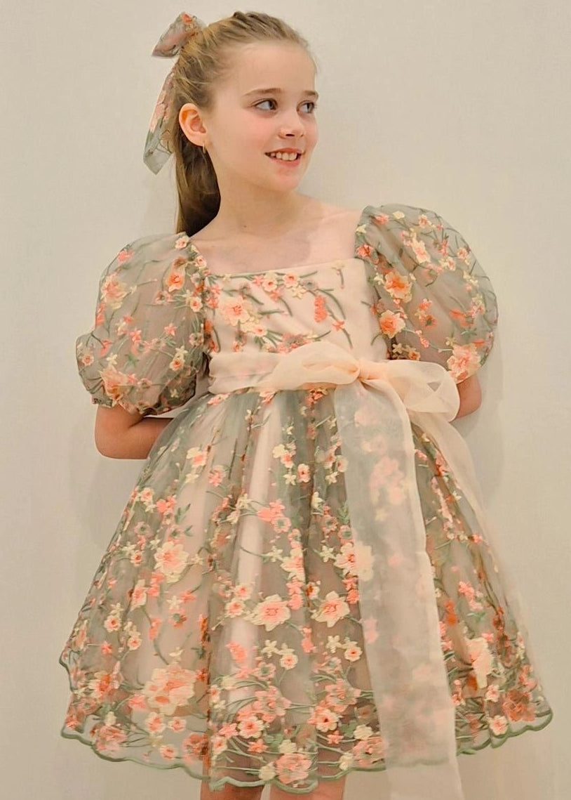 Pink Green Floral Lace Dress for Girls