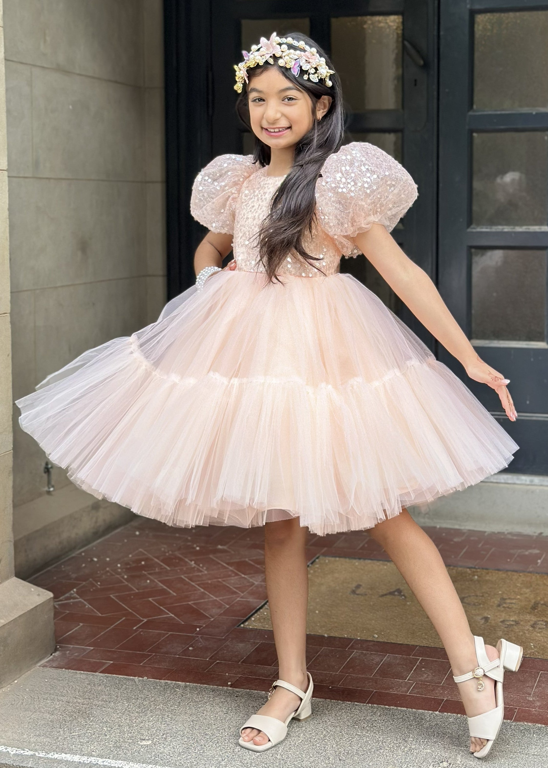 Puffy Sleeves Flower Girl Short Dress - Peach Dress
