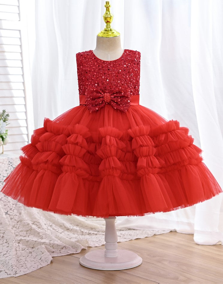 Ruffle Flare Sequin Dress - Red