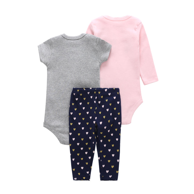Summer Baby Girl Cotton 3 Piece Bodysuit Set - Grey and pink
