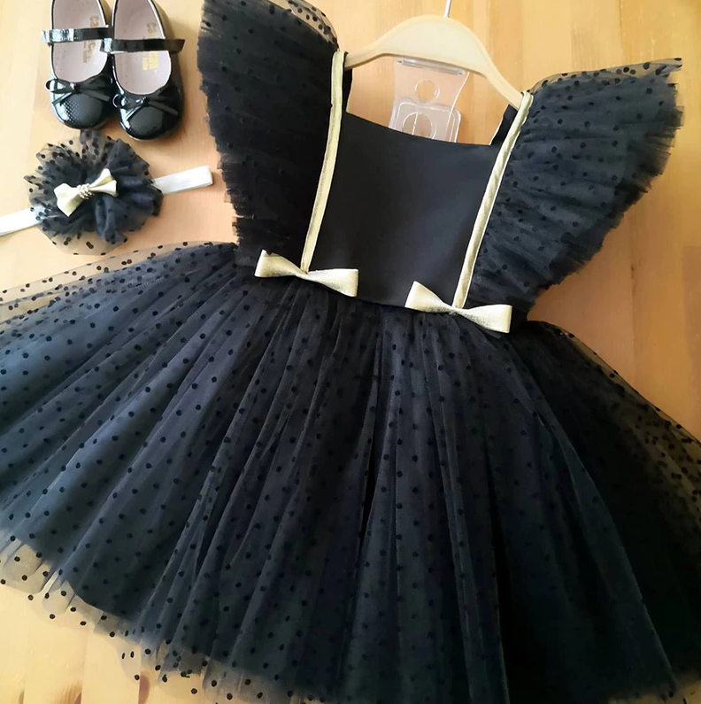 Girls Elegant Black Formal Puffy Dress
