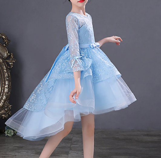Girls Formal Blue Embroidered Tulle Dress