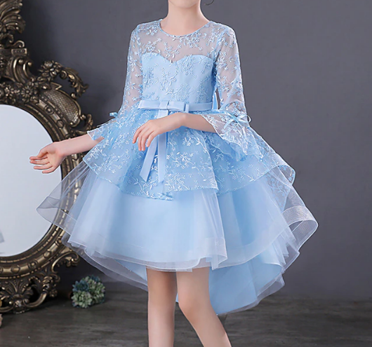 Girls Formal Blue Embroidered Tulle Dress