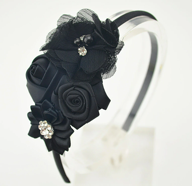 Rose Rhine Stone Black Hair Band