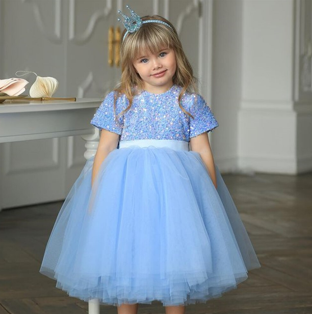 Heavy Flared Blue Dress With Headband - Soft Sequin Dress