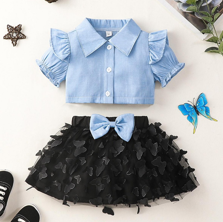 Girl Summer Stylish Shirt Top +Tutu Skirt With 3D Butterflies