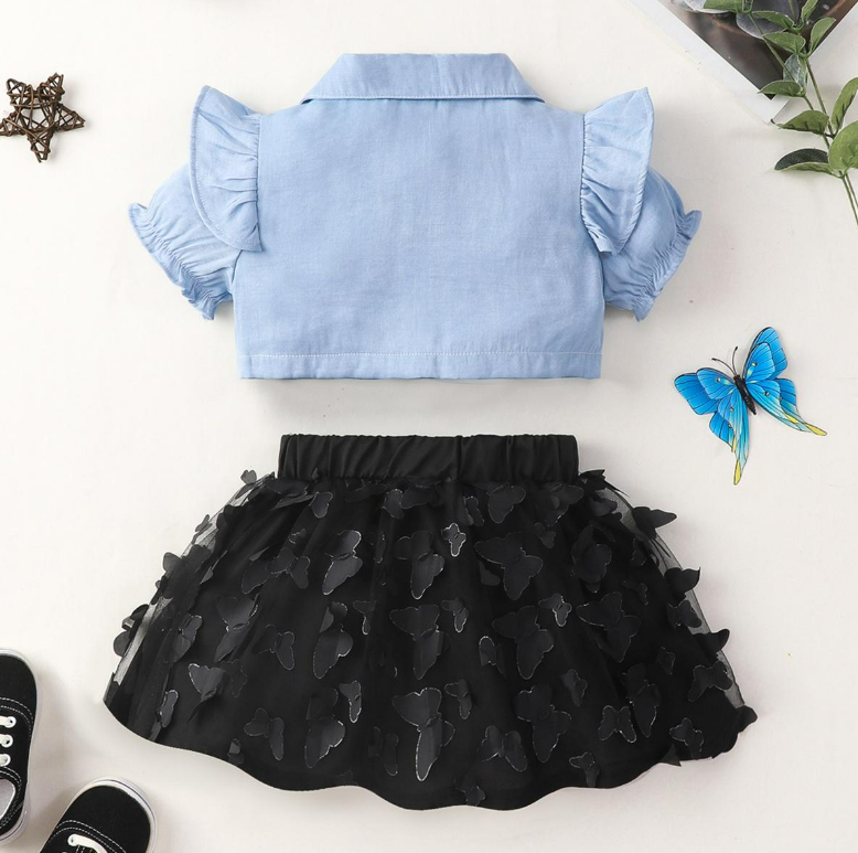 Girl Summer Stylish Shirt Top +Tutu Skirt With 3D Butterflies