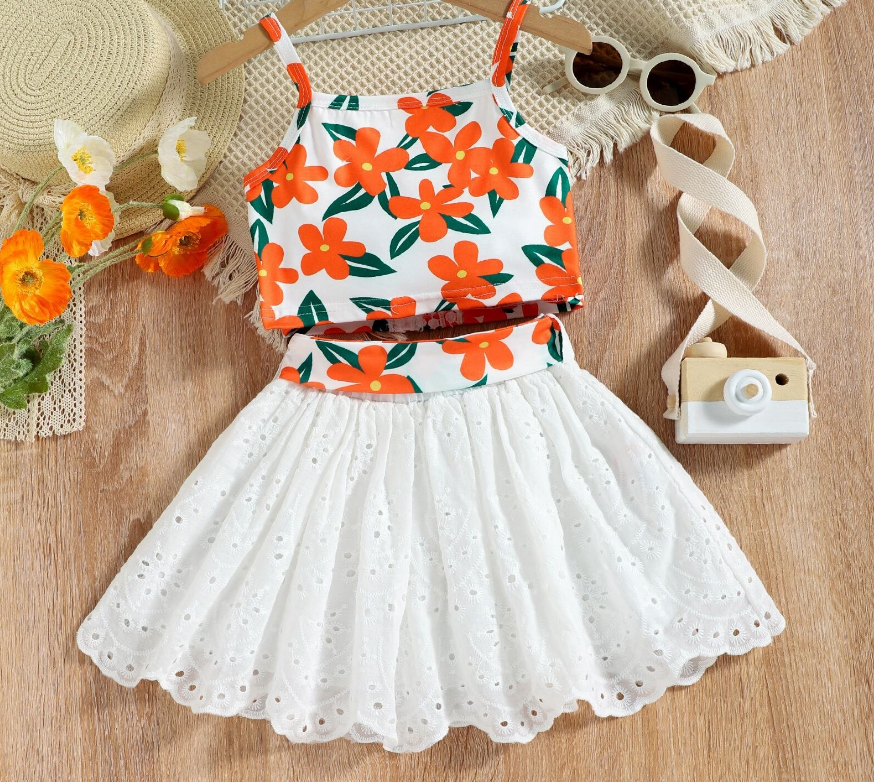 Girls Summer Cotton Lace Top+Skirt Set