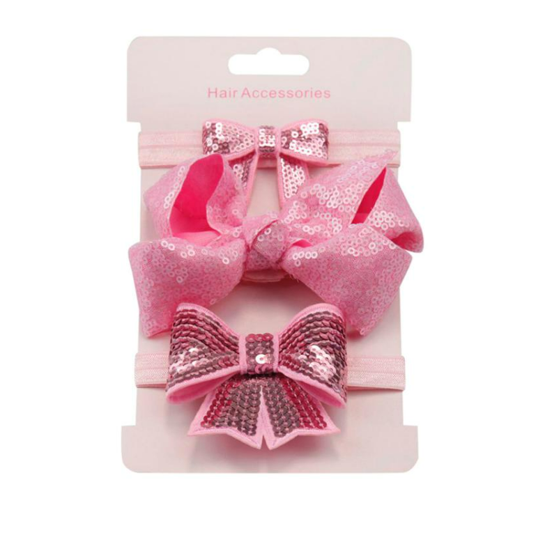 Girls Pink Sequin Bow Headband 3Pc Set