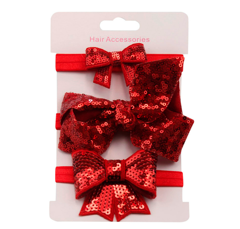 Girls Red Sequin Bow Headband 3Pc Set