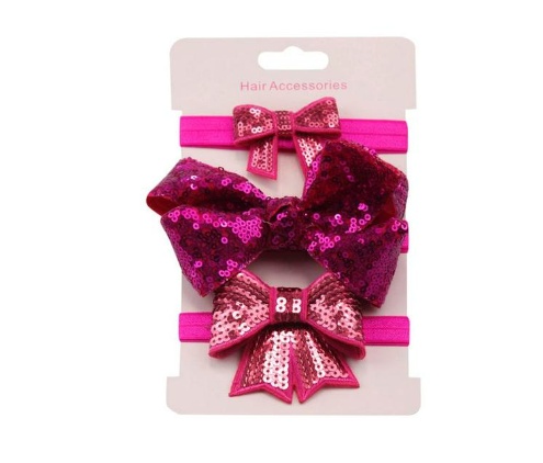 Girls Hot Pink Sequin Bow Headband 3Pc Set