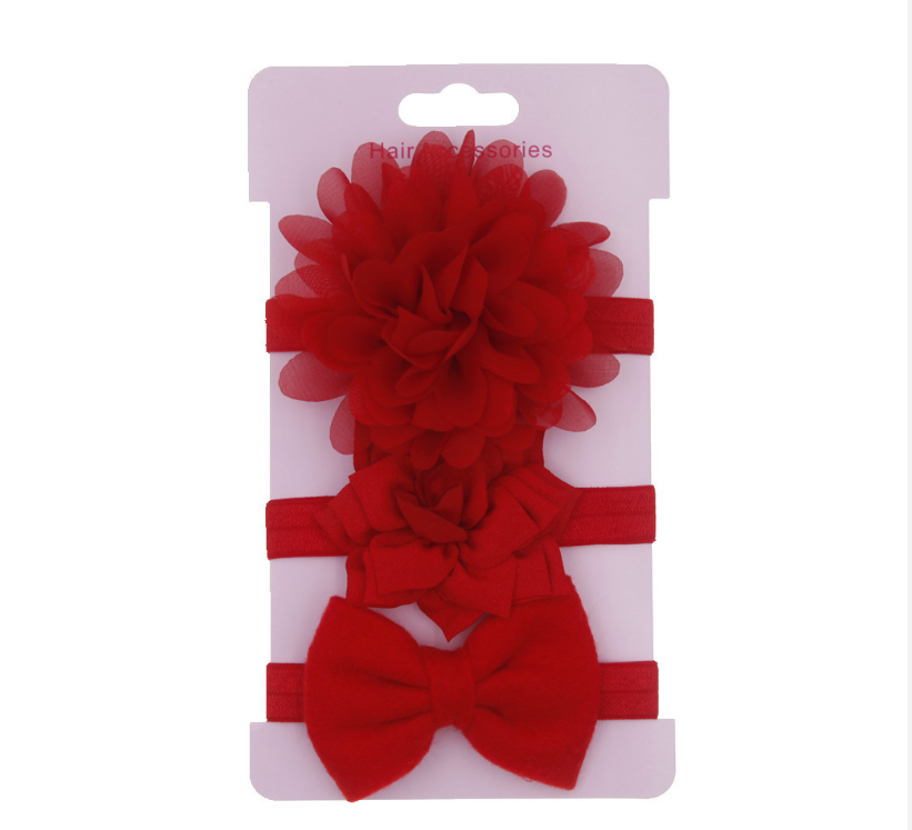 Baby Girls Red Flower Bowknot Headband 3Pc Set