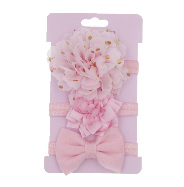 Baby Girls Light Pink Flower Bowknot Headband 3Pc Set