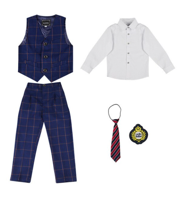 Boys Formal Navy Tweed Check Vest Suit 4pc Set