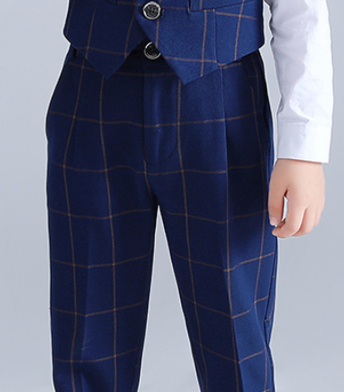 Boys Formal Navy Tweed Check Vest Suit 4pc Set