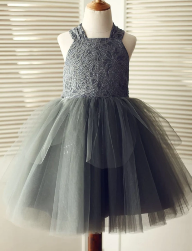 Backless Gray Lace Tulle Dress With Big Bow