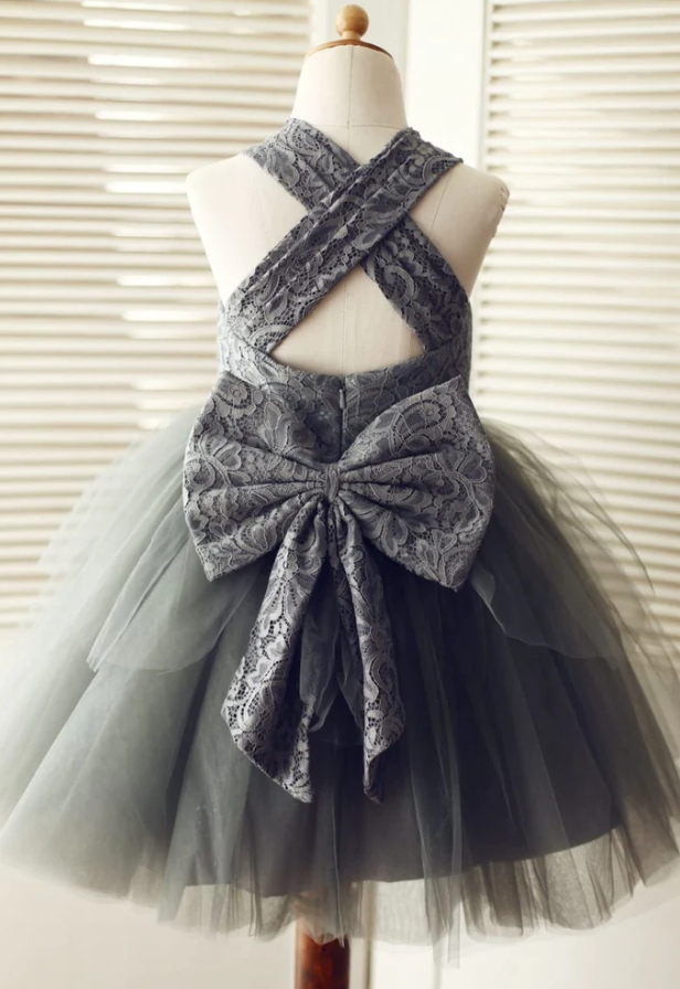 Backless Gray Lace Tulle Dress With Big Bow