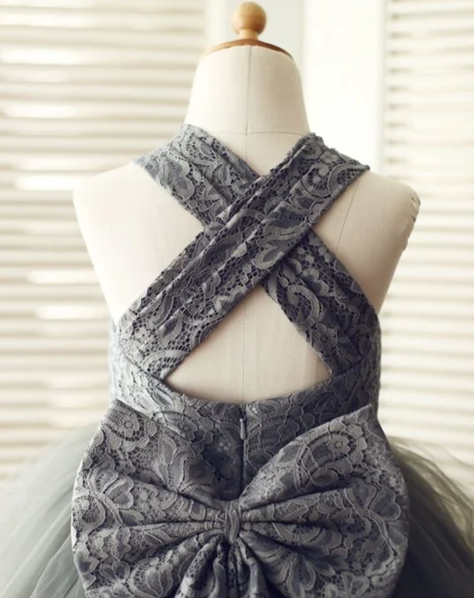 Backless Gray Lace Tulle Dress With Big Bow