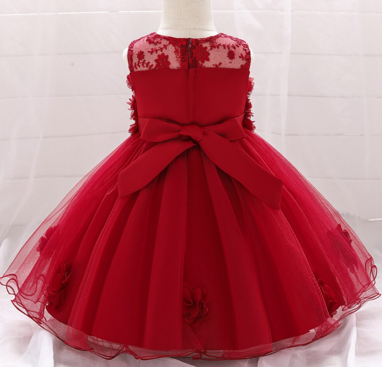 Baby Girl Maroon Tulle Dress With 3D Flowers