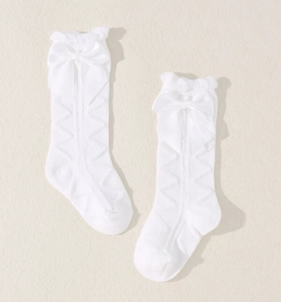 Baby Girls Off White Socks With Cute Bowknot - Knee Socks