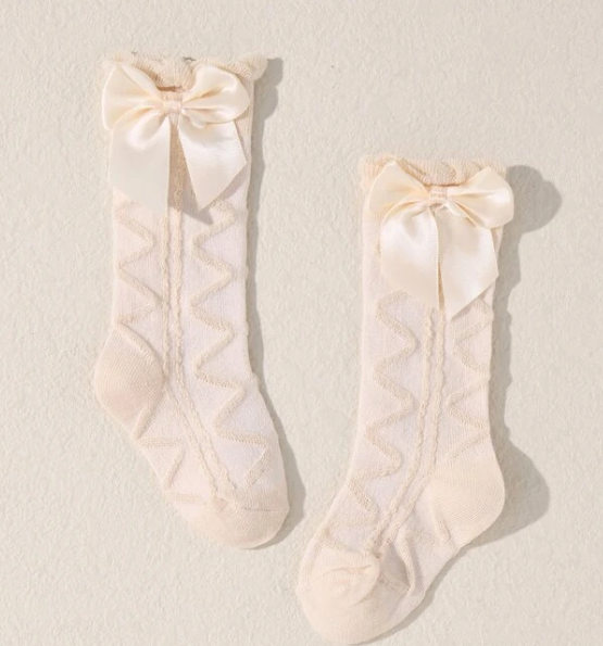 Baby Girl Beige Socks - High Knee With Bow