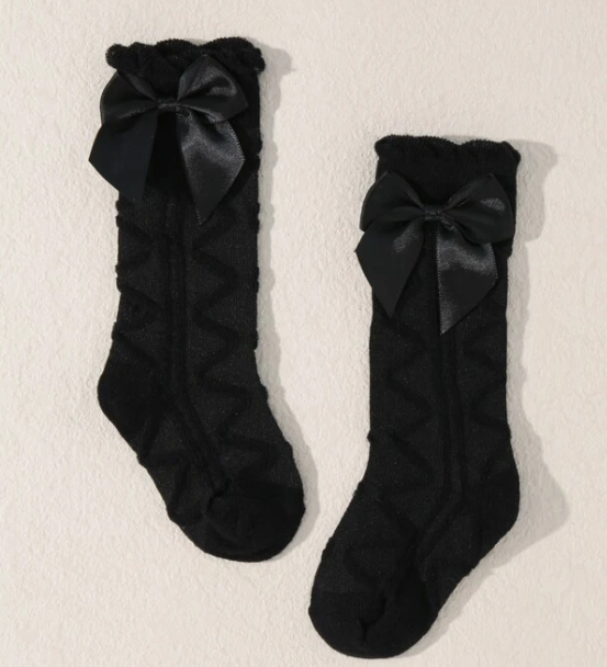 Baby Girl Black Socks With Cute Bowknot - Knee Socks