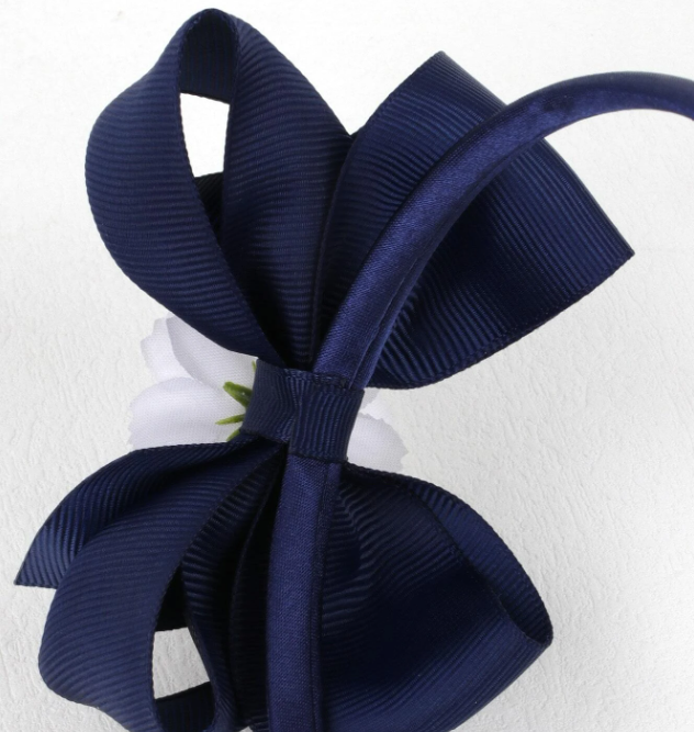 Navy Large Bow With Flower Headband