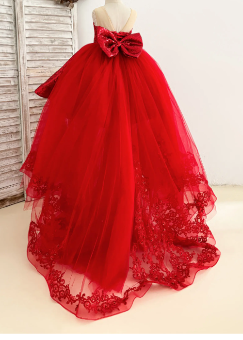 Pageant Dress Made To Order - Red Sequin Hi-Low Lace Tulle Detachable Train