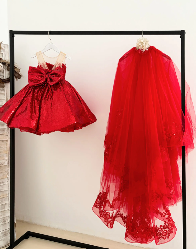 Pageant Dress Made To Order - Red Sequin Hi-Low Lace Tulle Detachable Train