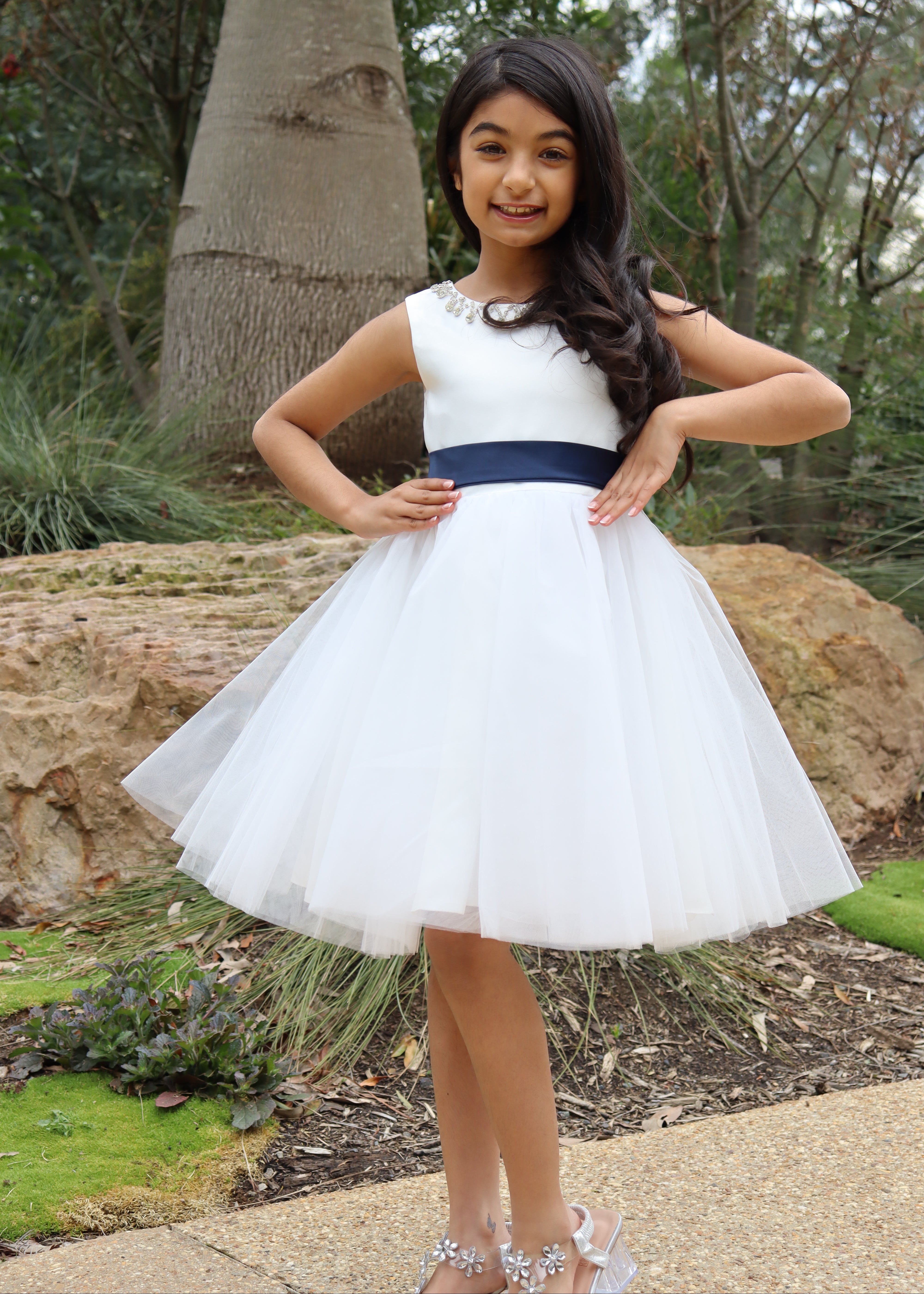 Short Flower Girl dress navy belt 