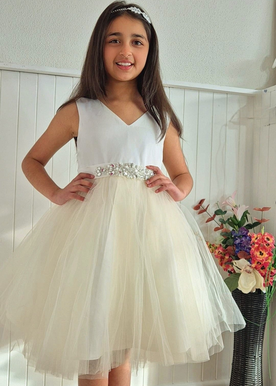 neck-ivory champagne flower girl dress