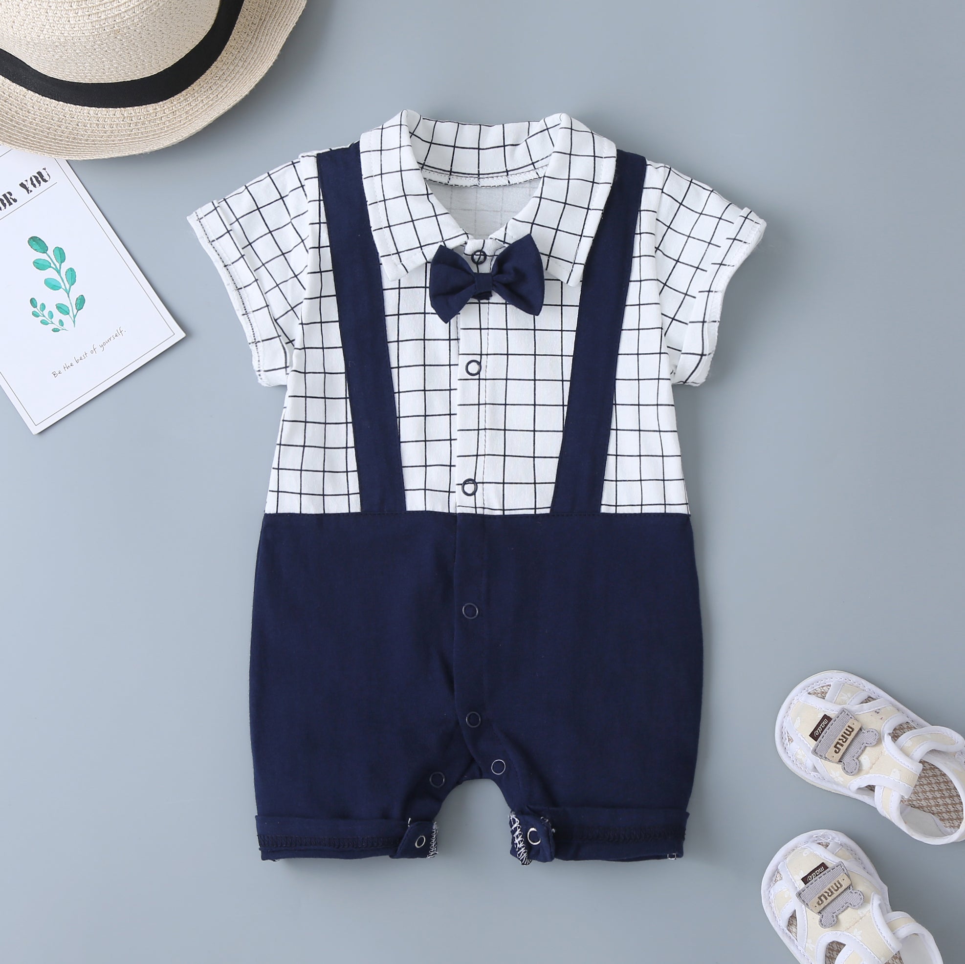 Summer Short Sleeve High Quality Baby Romper - White &amp; Blue
